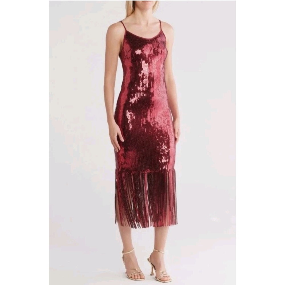 Nanette Lepore Rose Red Sequin Fringe Slip Dress